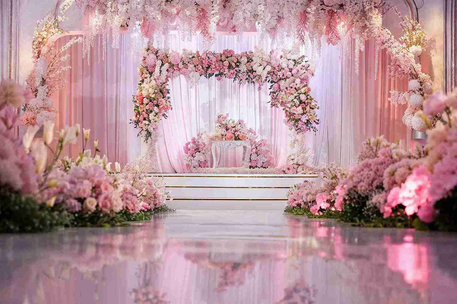 A luxurious wedding stage adorned with pink floral arrangements and elegant lighting, designed to perfection by Tanmay Events — the best wedding planners in Thrissur.