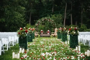 Beautiful floral wedding aisle in a garden venue – About Tanmay Events outdoor wedding arrangements.